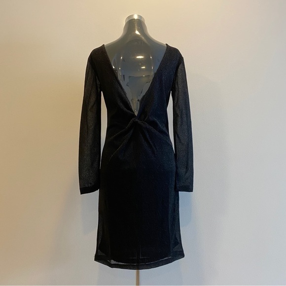 Evening Luxe Moves Black Glitter Midi Dress Sheer Sleeves & Deep V-Back Large - Picture 2 of 8